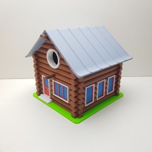 Home 3d geprint vogelhuisje in de vorm van een blokhut